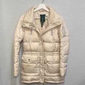 Lauren Ralph Lauren Womens Small Cream Down Puffer Parka Hooded Jacket